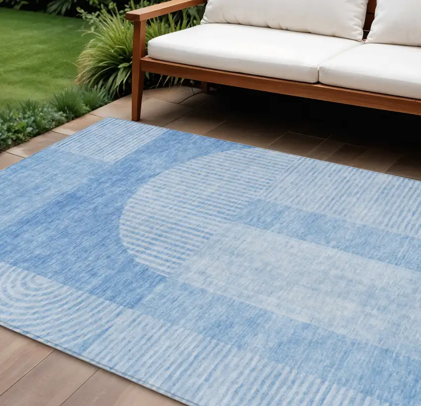 Sky Blue And Denim Blue Geometric Washable Indoor Outdoor Area Rug Photo 1