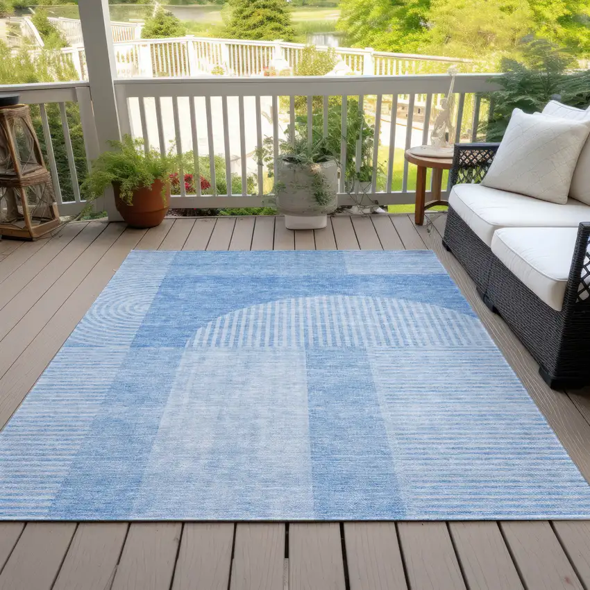 Sky Blue And Denim Blue Geometric Washable Indoor Outdoor Area Rug Photo 9