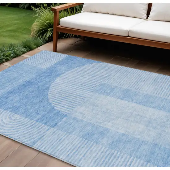 Sky Blue And Denim Blue Geometric Washable Indoor Outdoor Area Rug Photo 1