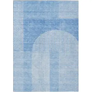 Photo of Sky Blue And Denim Blue Geometric Washable Indoor Outdoor Area Rug