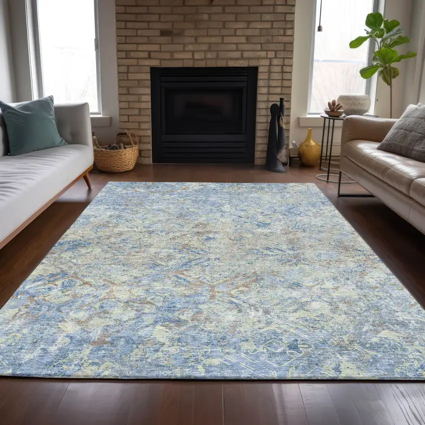 Sky Blue And Denim Blue Geometric Washable Indoor Outdoor Area Rug Photo 9