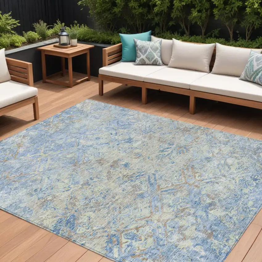 Sky Blue And Denim Blue Geometric Washable Indoor Outdoor Area Rug Photo 1