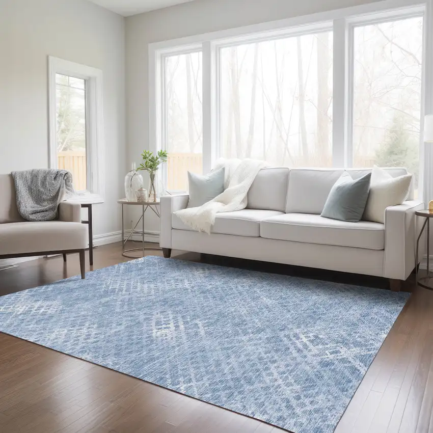 Sky Blue And Denim Blue Geometric Washable Indoor Outdoor Area Rug Photo 9