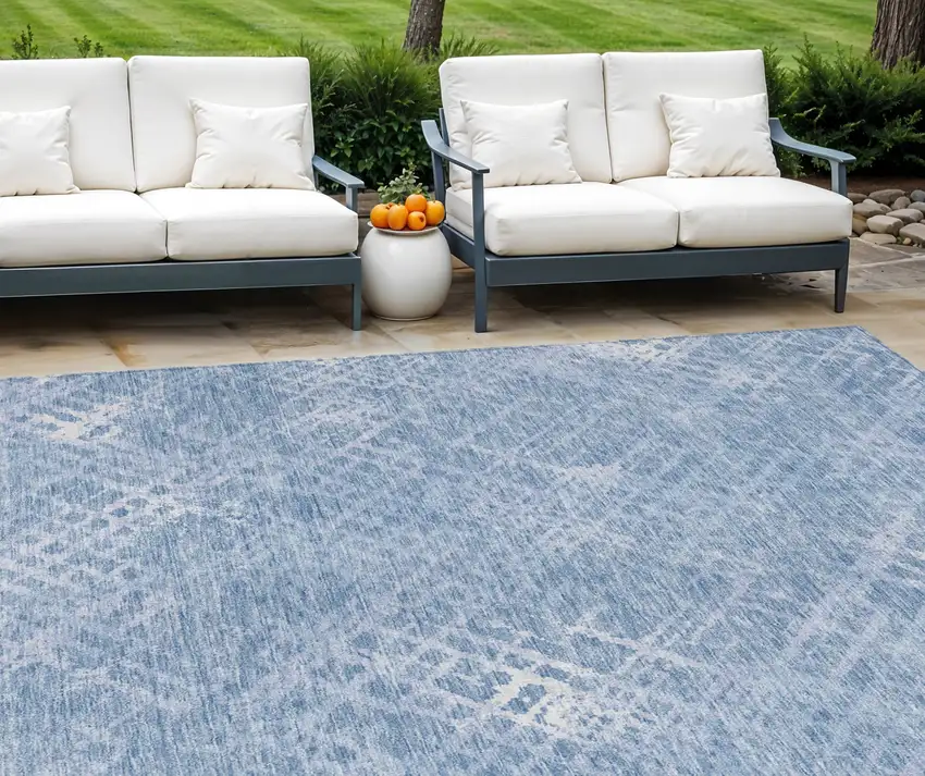 Sky Blue And Denim Blue Geometric Washable Indoor Outdoor Area Rug Photo 1
