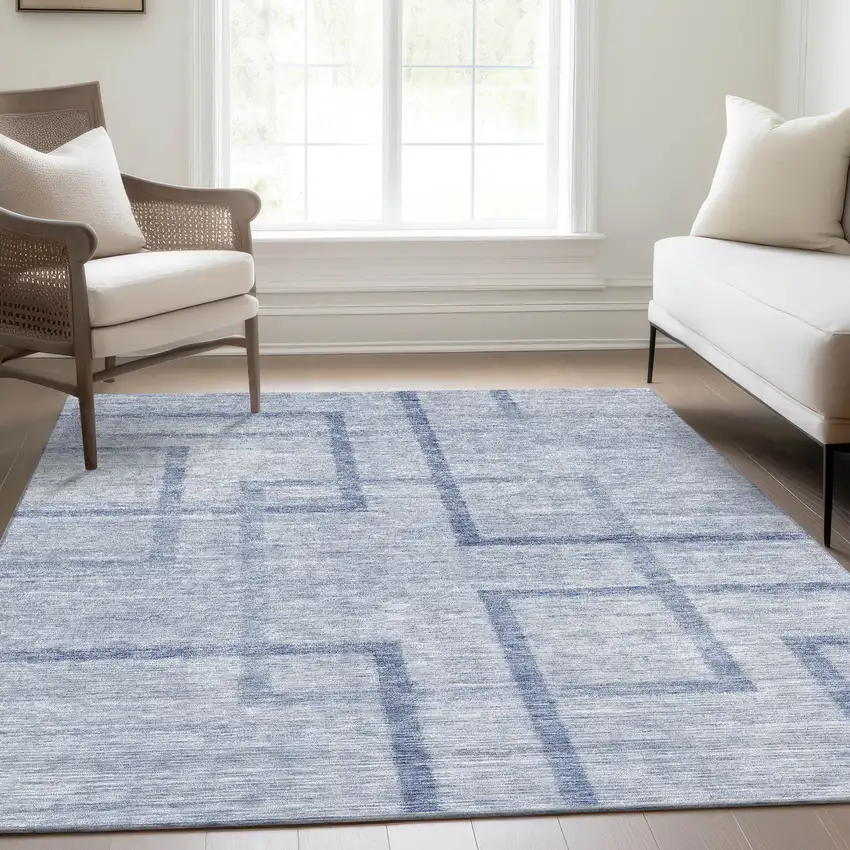 Sky Blue And Denim Blue Geometric Washable Indoor Outdoor Area Rug Photo 9