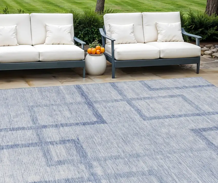 Sky Blue And Denim Blue Geometric Washable Indoor Outdoor Area Rug Photo 1
