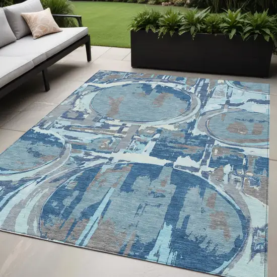 Sky Blue And Denim Blue Geometric Washable Indoor Outdoor Area Rug Photo 1