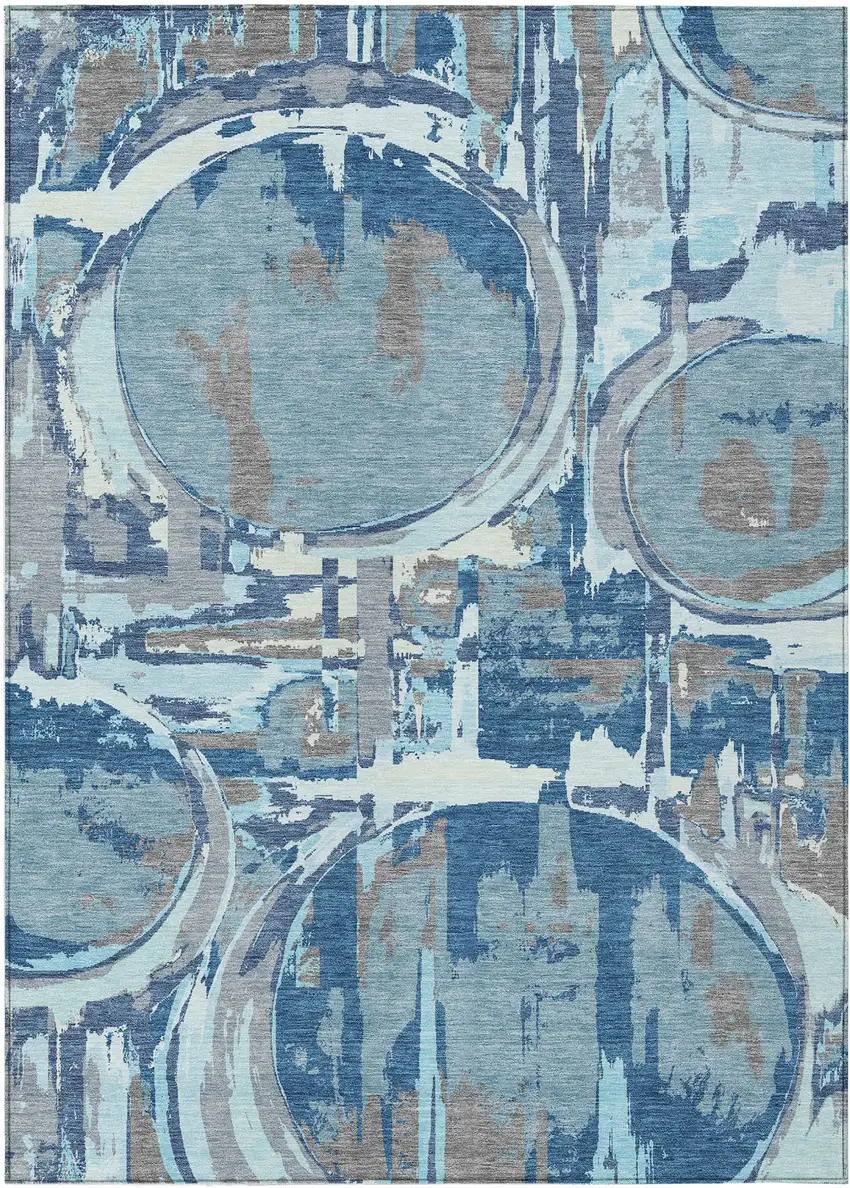Sky Blue And Denim Blue Geometric Washable Indoor Outdoor Area Rug Photo 2