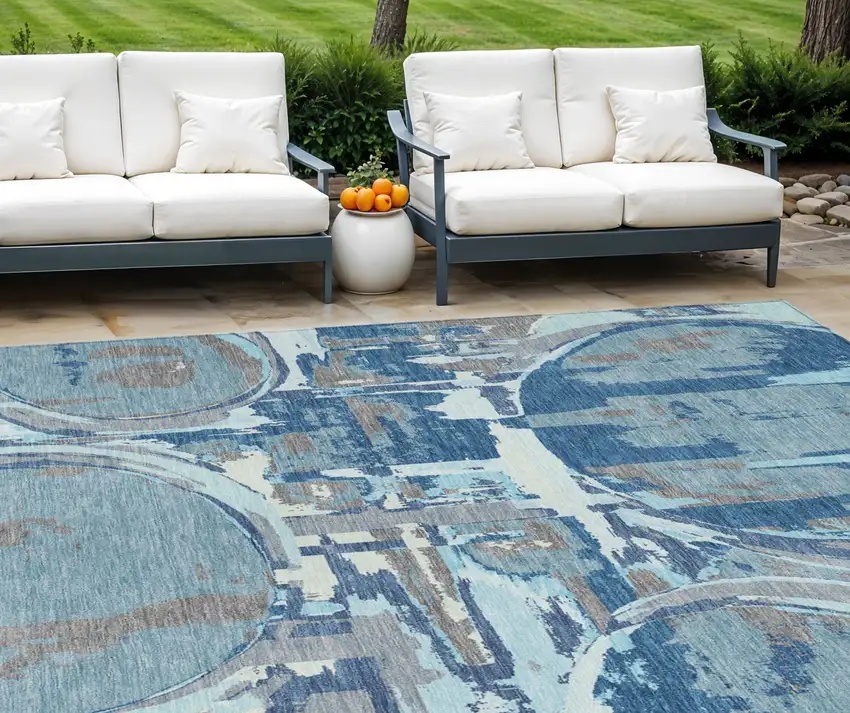 Sky Blue And Denim Blue Geometric Washable Indoor Outdoor Area Rug Photo 1