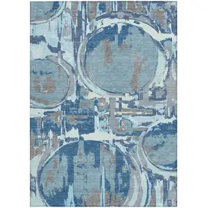 Photo of Sky Blue And Denim Blue Geometric Washable Indoor Outdoor Area Rug