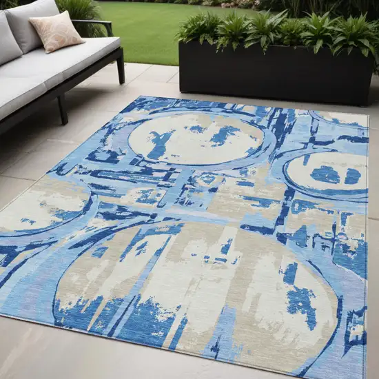 Sky Blue And Denim Blue Geometric Washable Indoor Outdoor Area Rug Photo 2