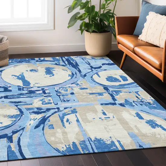 Sky Blue And Denim Blue Geometric Washable Indoor Outdoor Area Rug Photo 9