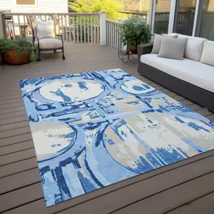 Photo of Sky Blue And Denim Blue Geometric Washable Indoor Outdoor Area Rug