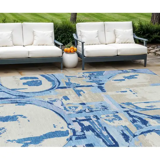Sky Blue And Denim Blue Geometric Washable Indoor Outdoor Area Rug Photo 2