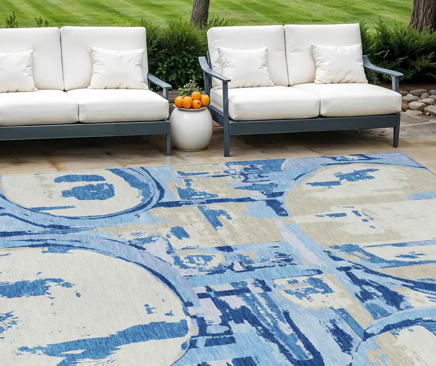 Sky Blue And Denim Blue Geometric Washable Indoor Outdoor Area Rug Photo 1
