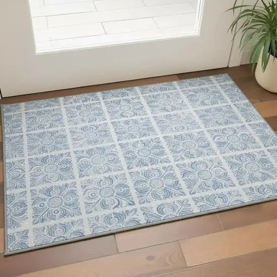 Sky Blue And Denim Blue Medallion Washable Area Rug With UV Protection Photo 2