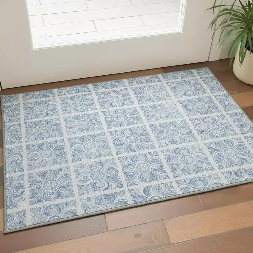 Sky Blue And Denim Blue Medallion Washable Area Rug With UV Protection Photo 2