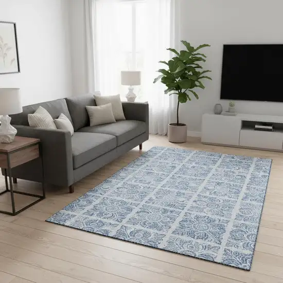 Sky Blue And Denim Blue Medallion Washable Area Rug With UV Protection Photo 2