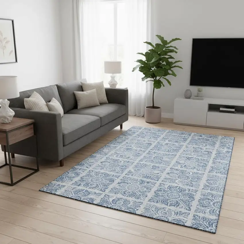 Sky Blue And Denim Blue Medallion Washable Area Rug With UV Protection Photo 2