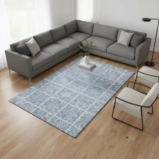 Sky Blue And Denim Blue Medallion Washable Area Rug With UV Protection Photo 2