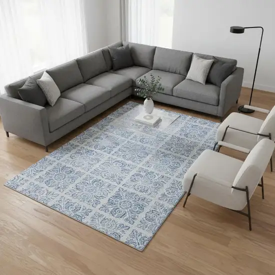 Sky Blue And Denim Blue Medallion Washable Area Rug With UV Protection Photo 2