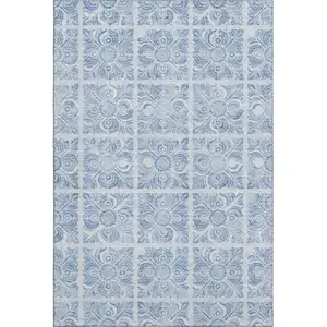Photo of Sky Blue And Denim Blue Medallion Washable Area Rug With UV Protection