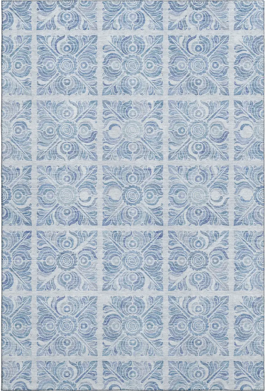 Sky Blue And Denim Blue Medallion Washable Area Rug With UV Protection Photo 1