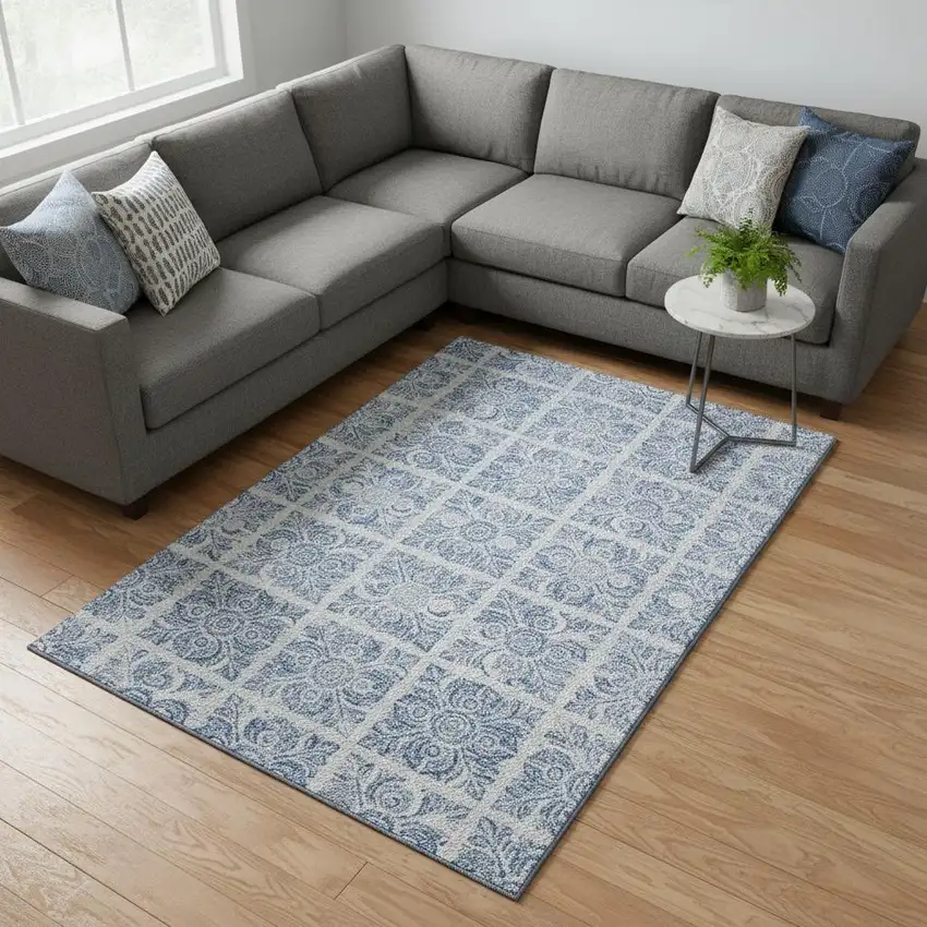 Sky Blue And Denim Blue Medallion Washable Area Rug With UV Protection Photo 2
