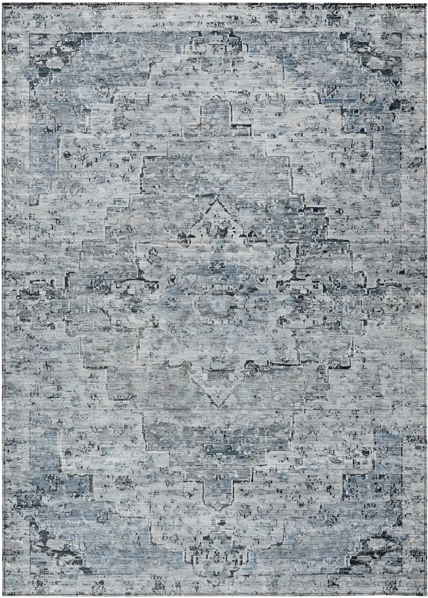 Sky Blue And Denim Blue Medallion Washable Indoor Outdoor Area Rug Photo 1