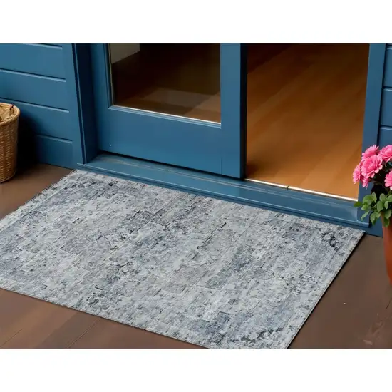 Sky Blue And Denim Blue Medallion Washable Indoor Outdoor Area Rug Photo 2