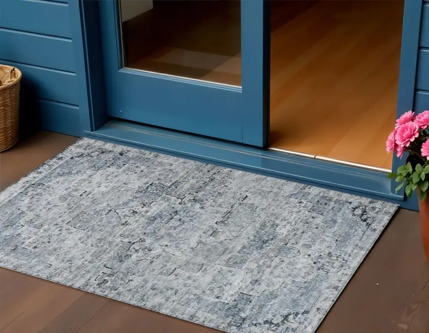 Sky Blue And Denim Blue Medallion Washable Indoor Outdoor Area Rug Photo 2