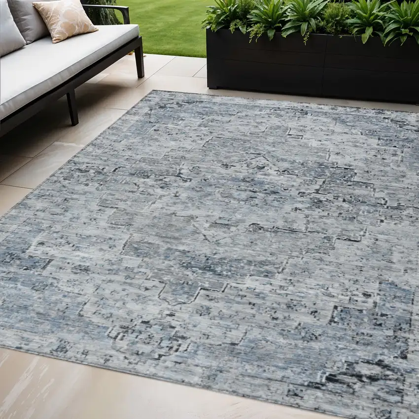 Sky Blue And Denim Blue Medallion Washable Indoor Outdoor Area Rug Photo 2