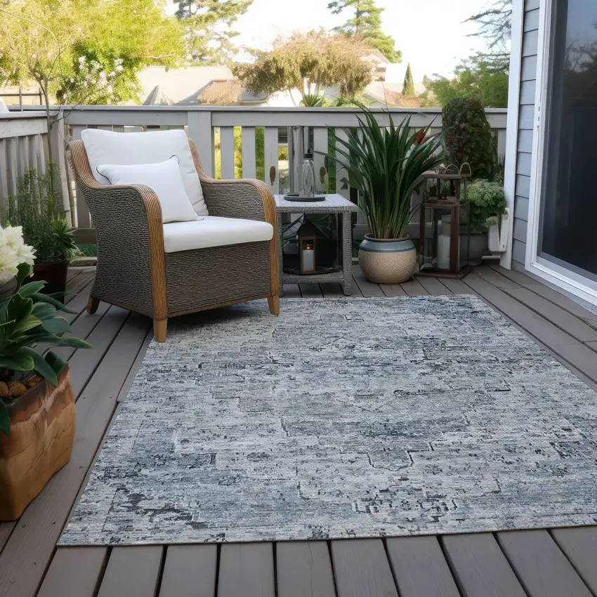 Sky Blue And Denim Blue Medallion Washable Indoor Outdoor Area Rug Photo 8
