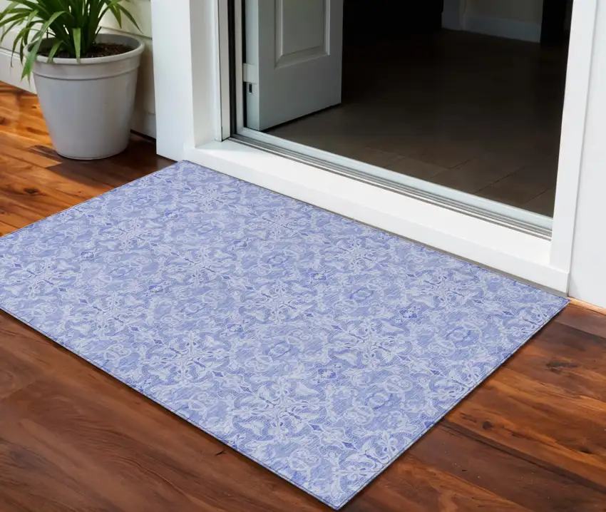 Sky Blue And Denim Blue Medallion Washable Indoor Outdoor Area Rug Photo 1
