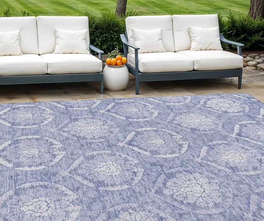Sky Blue And Denim Blue Medallion Washable Indoor Outdoor Area Rug Photo 1
