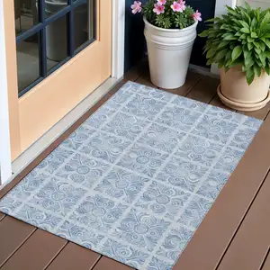 Photo of Sky Blue And Denim Blue Medallion Washable Indoor Outdoor Area Rug
