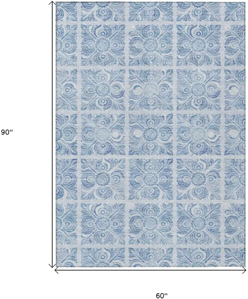 Sky Blue And Denim Blue Medallion Washable Indoor Outdoor Area Rug Photo 3