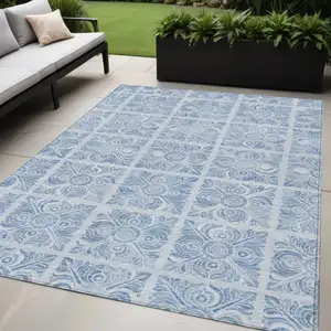 Photo of Sky Blue And Denim Blue Medallion Washable Indoor Outdoor Area Rug