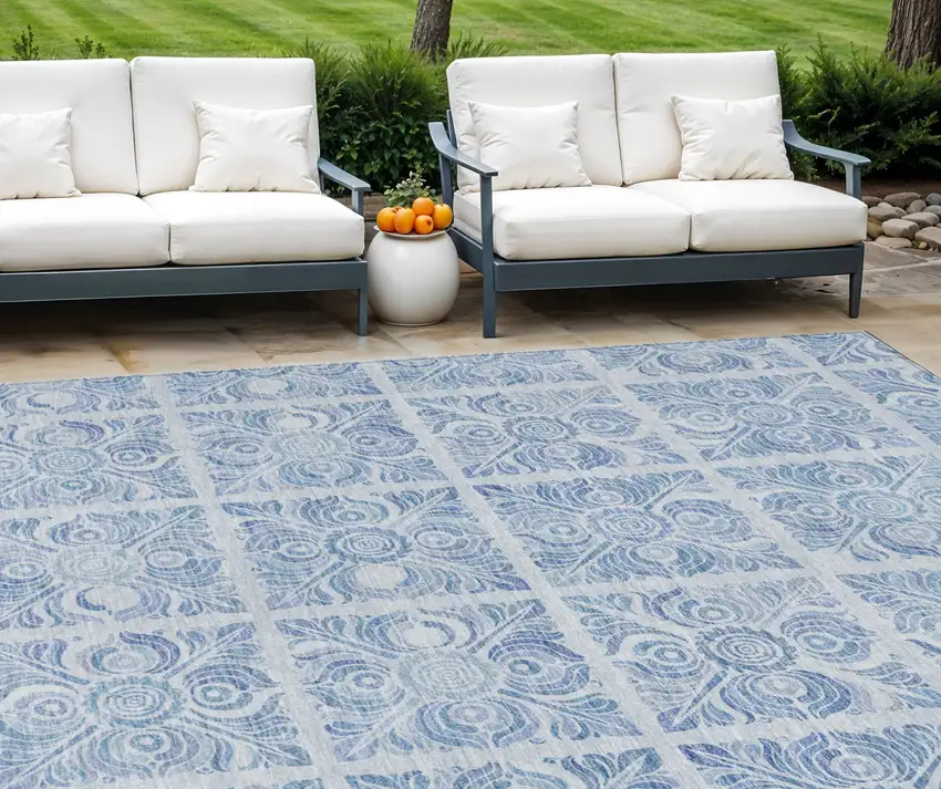 Sky Blue And Denim Blue Medallion Washable Indoor Outdoor Area Rug Photo 1