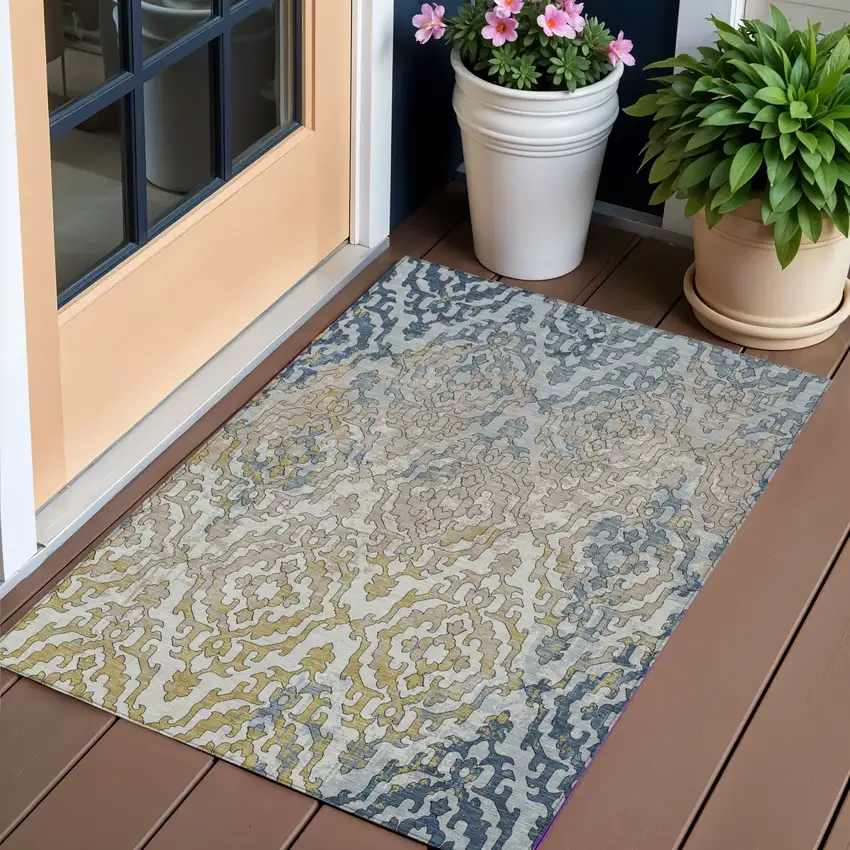 Sky Blue And Denim Blue Medallion Washable Indoor Outdoor Area Rug Photo 1