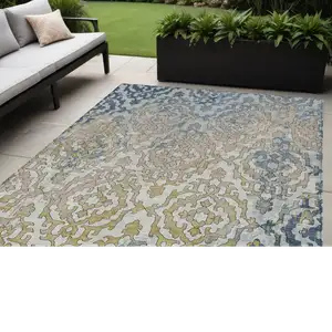 Photo of Sky Blue And Denim Blue Medallion Washable Indoor Outdoor Area Rug
