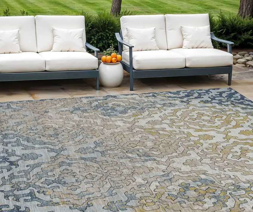 Sky Blue And Denim Blue Medallion Washable Indoor Outdoor Area Rug Photo 1