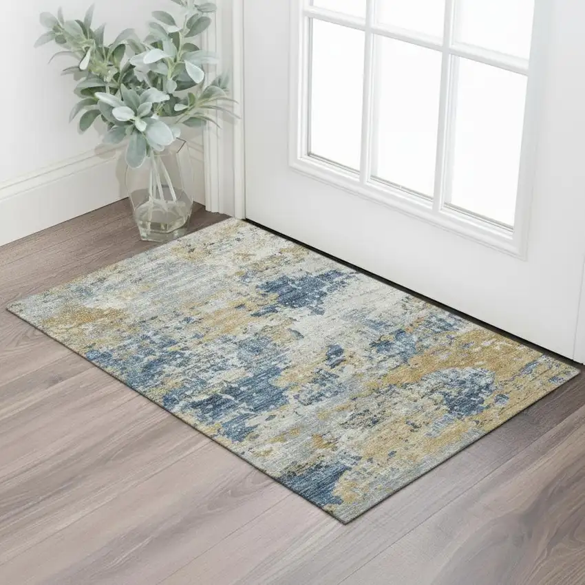 Sky Blue And Denim Blue Oriental Washable Area Rug With UV Protection Photo 2