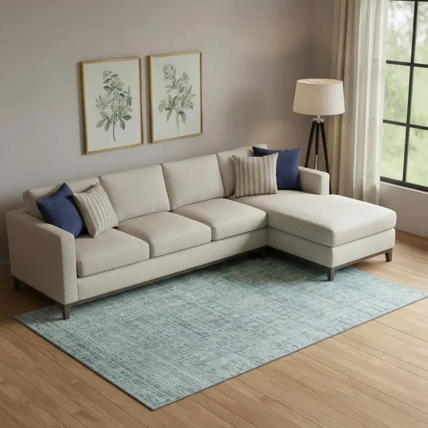 Sky Blue And Denim Blue Oriental Washable Area Rug With UV Protection Photo 2