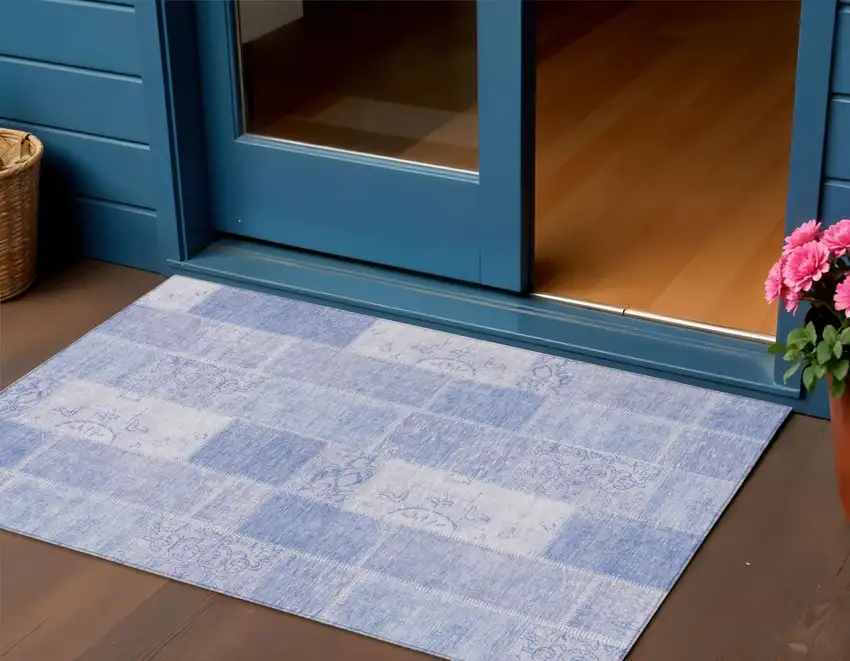 Sky Blue And Denim Blue Patchwork Washable Indoor Outdoor Area Rug Photo 1
