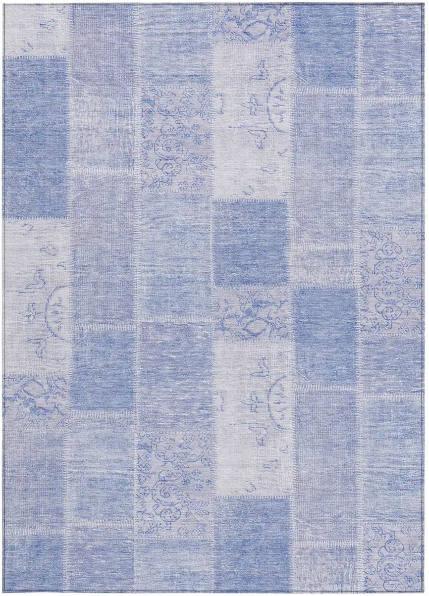 Sky Blue And Denim Blue Patchwork Washable Indoor Outdoor Area Rug Photo 6