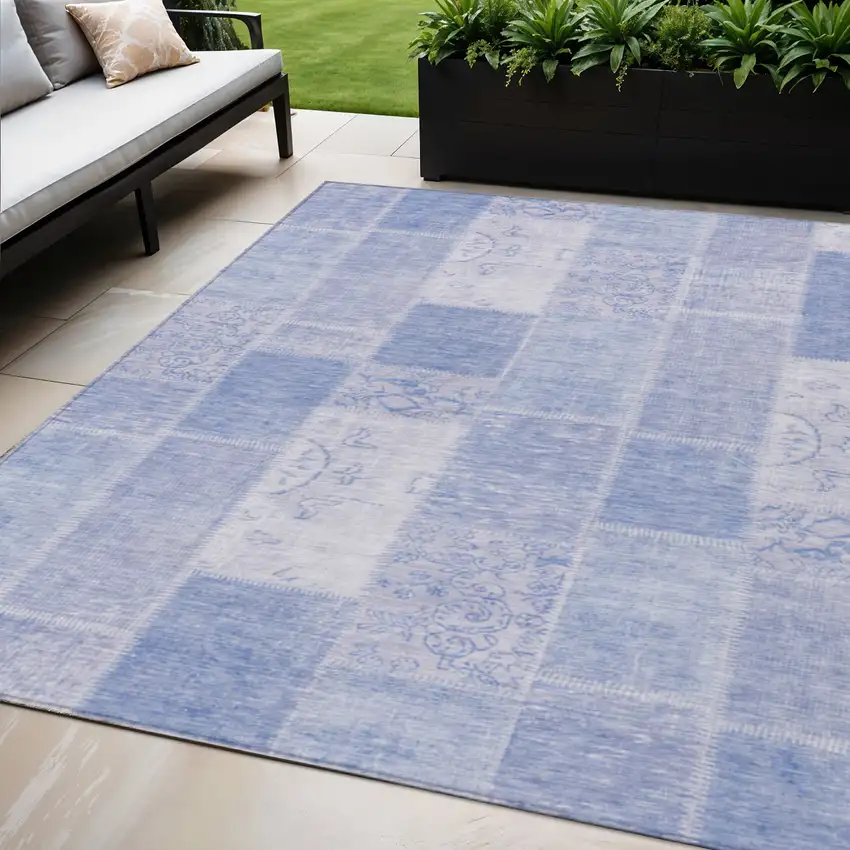 Sky Blue And Denim Blue Patchwork Washable Indoor Outdoor Area Rug Photo 1