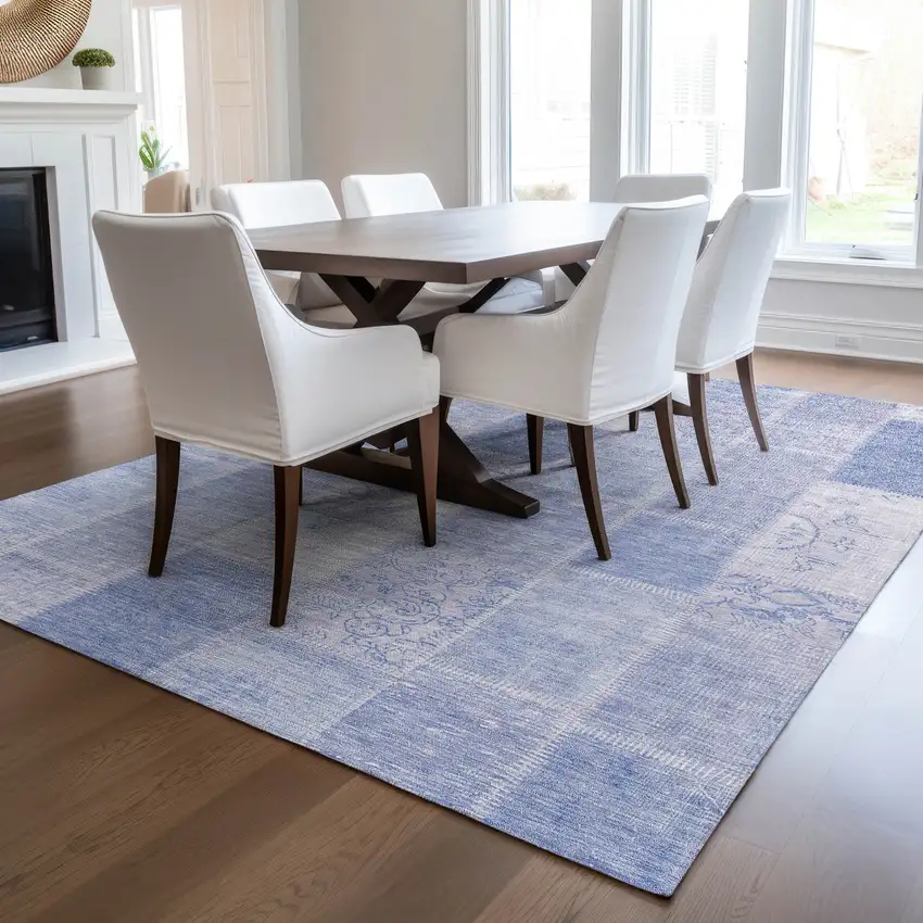 Sky Blue And Denim Blue Patchwork Washable Indoor Outdoor Area Rug Photo 7