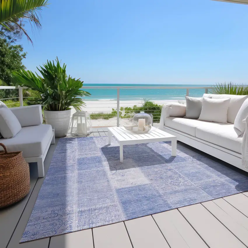 Sky Blue And Denim Blue Patchwork Washable Indoor Outdoor Area Rug Photo 9