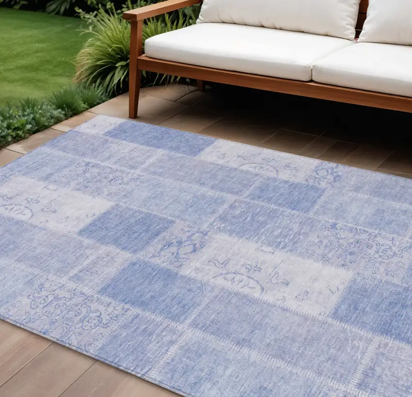 Sky Blue And Denim Blue Patchwork Washable Indoor Outdoor Area Rug Photo 1